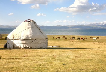 The ger camp in a large meadow at Song kul lake ,  Naryn of Kyrgyzstan