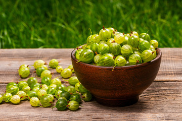 ripe green gooseberry in a plate on a table in the garden
