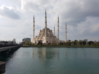 Adana Central Mosque, stone bridge and Seyhan river together.