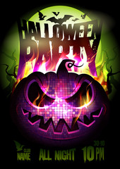 Halloween party vector poster design, burning pumpkin, full moon, fire flame