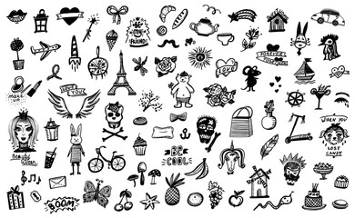 Hand drawn doodle graphic line elements, flowers and skulls, fruits and sweets