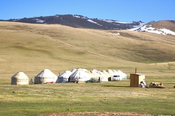The ger camp in a large meadow at Song kul lake ,  Naryn of Kyrgyzstan