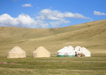 The ger camp in a large meadow at Song kul lake ,  Naryn of Kyrgyzstan