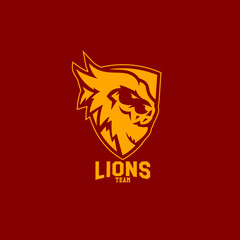Obraz premium Modern professional logo for sport team. Lion mascot. Lions vector symbol on a dark background.