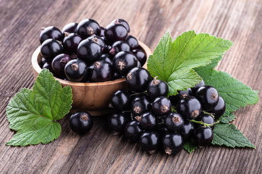 Fresh ripe black currant in wooden bowl with original leaves on rustic old background