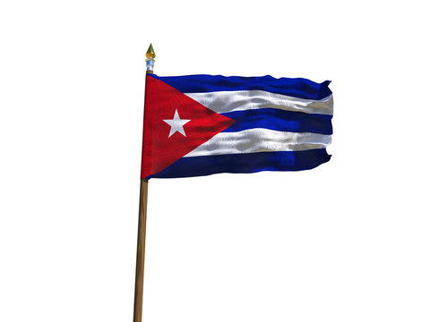 Cuba flag Isolated Silk waving flag of Republic of Cuba made transparent fabric with wooden flagpole golden spear on white background isolate real photo Flags of world countries 3d illustration