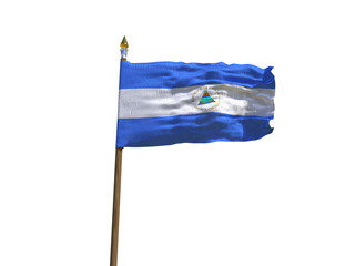 Nicaragua flag Isolated Silk waving flag of Republic of Nicaragua made transparent fabric with wooden flagpole golden spear on white background isolate real photo Flags world countries 3d illustration