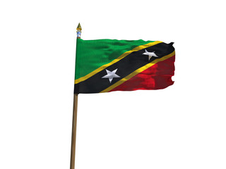 Saint Kitts and Nevis flag Isolated Silk waving flag of Federation of Saint Christopher and Nevis made fabric with wooden flagpole golden spear on white background isolate real photo 3d illustration