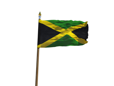 Jamaica flag Isolated Silk waving flag of Slovak Jamaica island made transparent fabric with wooden flagpole golden spear on white background isolate real photo Flags world countries 3d illustration