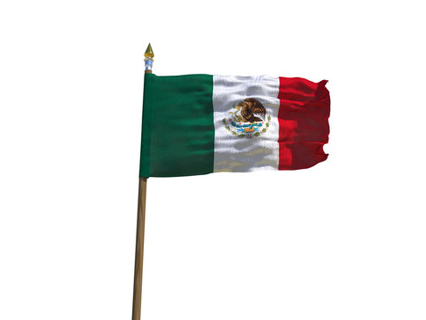 Mexico flag Isolated Silk waving flag of United Mexican States made transparent fabric with wooden flagpole golden spear on white background isolate real photo Flags of world countries 3d illustration