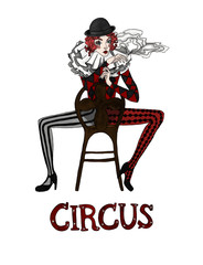 A circus harlequin smokes in a chair. Watercolor gothic illustration on white isolated background