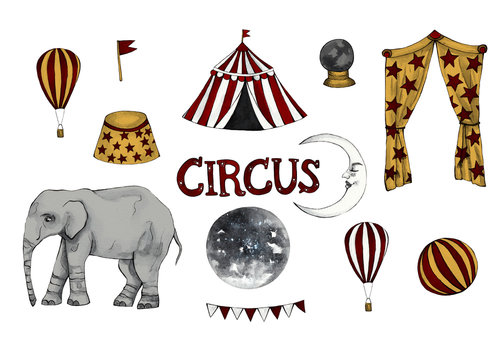 Circus watercolor set on white isolated background. Circus tent, elephant, moon, balloon, flags, ball, magic ball