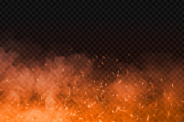 Vector realistic isolated fire effect with smoke for decoration and covering on the transparent background. Concept of sparkles, flame and light.
