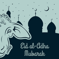 Muslim Festival of Sacrifice Eid-Al-Adha greeting card with sheep and mosque.