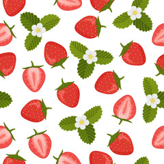 Seamless pattern with berries and strawberry flowers