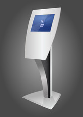 White Promotional Interactive Information Kiosk Terminal Stand Touch Screen Display. Mock Up Template.