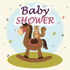 baby shower card with cute chipmunk in horse wooden