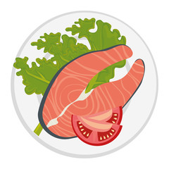 dish with fresh salmon steak and vegetables