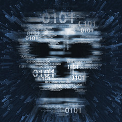 Computer piracy skull concept. 
Illustration of Abstract Skull sign with binary codes on blue background. Concept for online piracy, hacking. 
