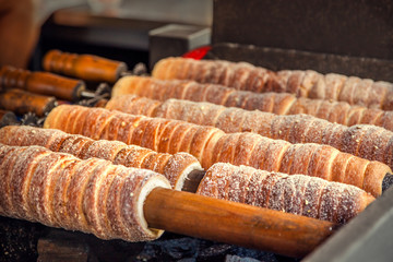 Trdelnik bakery on the street market in Prague, Czech Republic