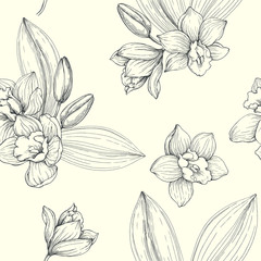 Vector floral vintage seamless pattern. Hand drawn botanical texture with orchids. Engraved tropical flowers isolated on white background
