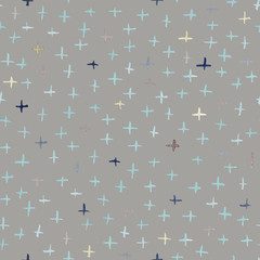 Dark gray seamless pattern illustration with watercolor blue, beige and pink crosses. Will be good for decor a postcard, posters,gift decor, wrapping paper, gift boxes, fabric and etc.