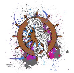 sea Horse on the background of the wheel, Can be used for printing on T-shirts, flyers, etc. Vector illustration
