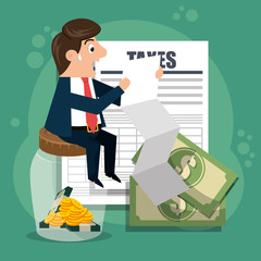 businessman character with taxes icons