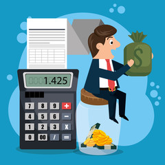 businessman character with economy icons