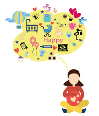 Flat design. A modern banner with a pregnant woman and her thoughts about a baby - a stroller, diapers, a crib, a nipple, a snapshot, a body, a porridge. Colorful vector illustration in cartoon style.