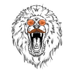 Portrait of a lion with a mustache in glasses. Can be used for printing on T-shirts, flyers and stuff. Vector illustration