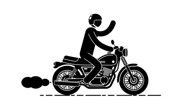 Abstract motorcyclist rides a classic motorcycle and waving his hand. Icon people and transport.  Loop animation with alpha channel.