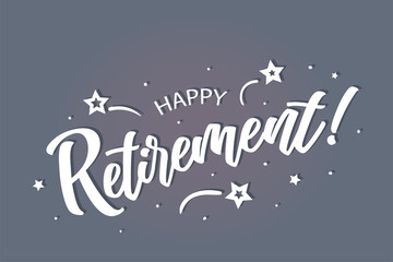 Happy Retirement lettering card, banner. Beautiful greeting scratched calligraphy white text word stars. Hand drawn invitation print design. Handwritten modern brush blue background isolated vector