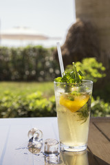 Mojito cocktail with lemon and mint on the table