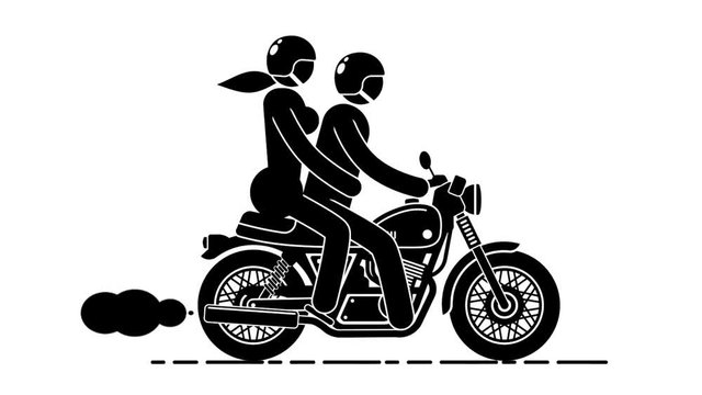 Pictogram biker on motorcycle rides with a passenger girl. Icon people and transport.  Loop animation with alpha channel.