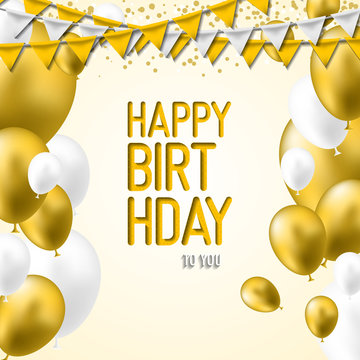 Happy Birthday Greeting Card with golden white balloons and happy birthday.