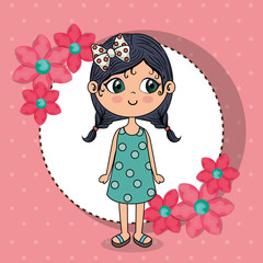 beautiful girl with floral frame kawaii character vector illustration design