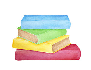 Pile of four colorful different books. Clean bright covers; red, yellow, green, blue colours. Hand painted water color graphic drawing on white, cut out clip art element for design and decoration.