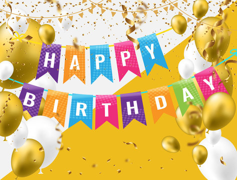 Happy Birthday Greeting Card with golden white balloons and happy birthday.