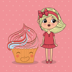 beautiful girl with cupcake kawaii characters vector illustration design