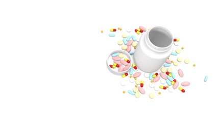 Obraz na płótnie Canvas Tablets and vitamins scattered next to a jar on a white background