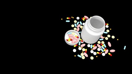 Obraz na płótnie Canvas Tablets and vitamins scattered next to a jar on a black background