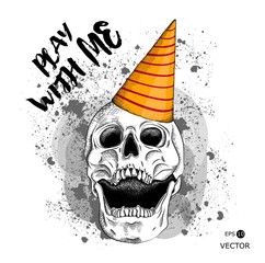 Portrait of a skull in a party hat. Can be used for printing on T-shirts, flyers, etc. Vector illustration
