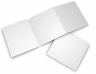 Square trifold blank pages leaflets, brochures mock up, isolated on white 3d rendring.