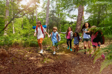Obraz premium Group of kids on hiking walk holding hands