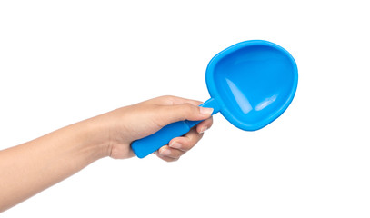 hand holding Blue hoe for toy isolated on a white background.