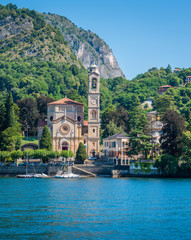 Scenic view in Tremezzo, with San Lorenzo Church overlooking Lake Como. Lombardy, Italy.