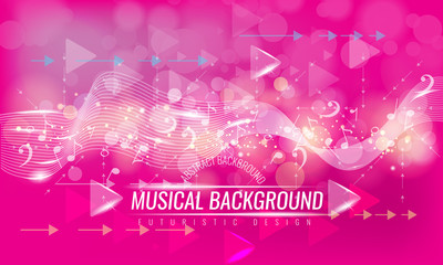Abstract musical futuristic background with arrows and bokeh effect. Vector background. Pink color