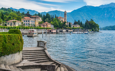 Scenic view in Tremezzo, with Villa Carlotta stairs and San Lorenzo Church in the background. Lake Como, Lombardy, Italy.