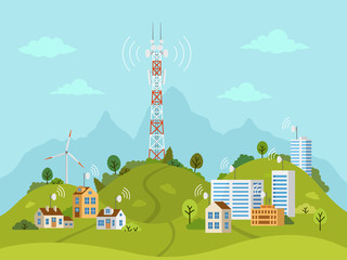 Transmission cellular tower on landscape. Wireless radio signal connection with houses and buildings through obstacles. Mobile communications tower with satellite communication antennas. - 216561926